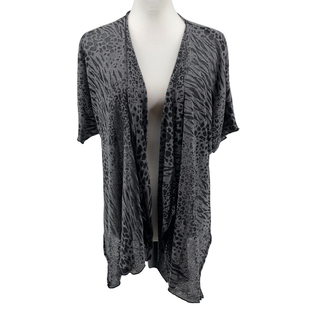 Vintage‎ Open Front Cardigan Women XL Grey Mixed Animal Print Leopard Artsy Boho
